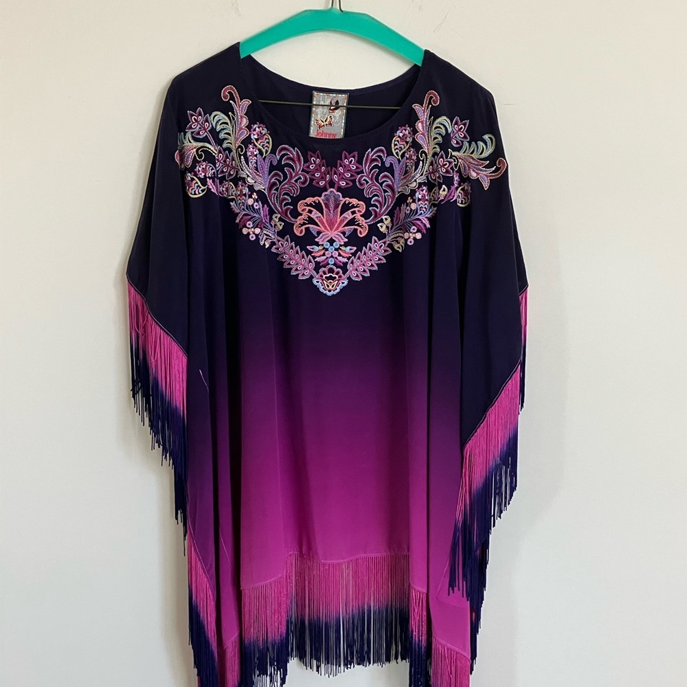 Johnny Was 100% Silk Purple and Pink Embroidered Poncho; like new